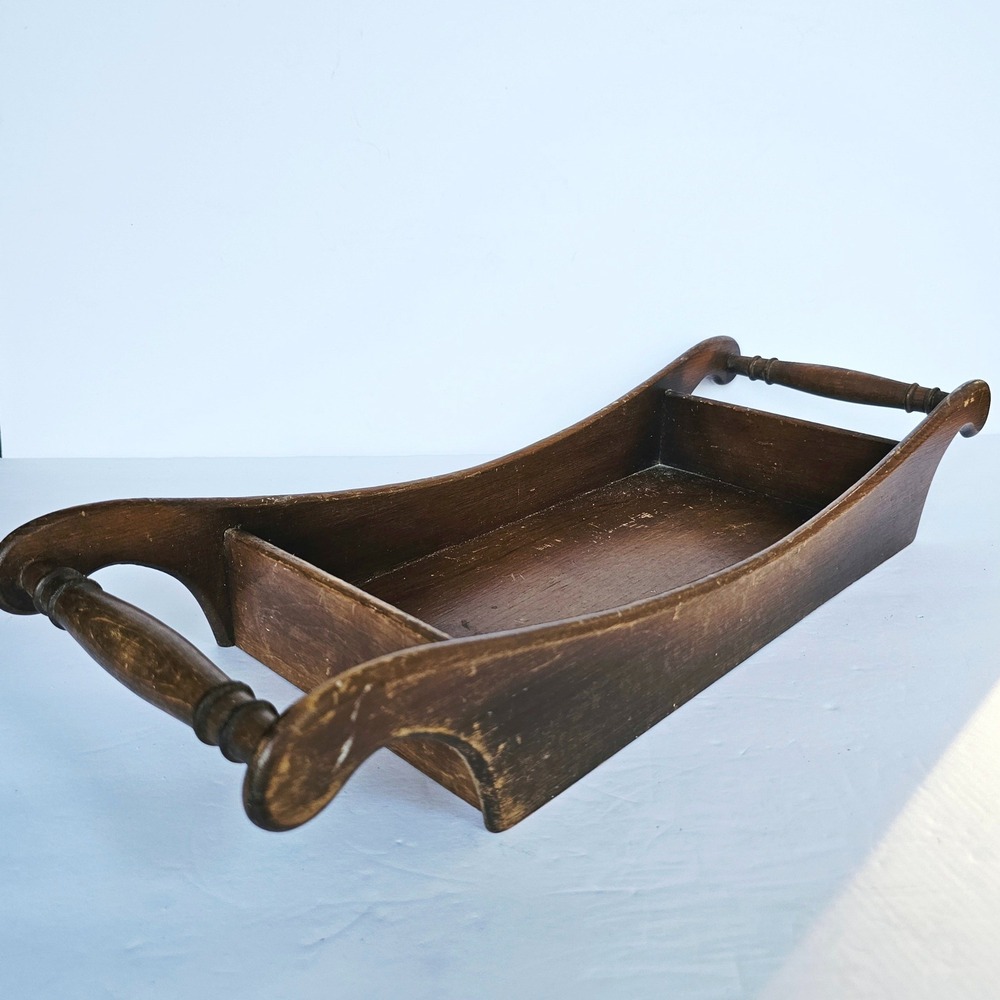 Vintage Wooden Dough Bowl Tray Spindle Handles Curved Primitive Farmhouse Decor